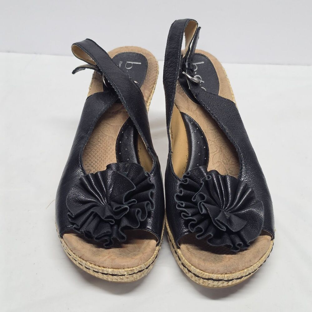 BOC Born Womens 8 Black Leather FLOWER Open Toe Slingback Wedge Sandals Heel 39
